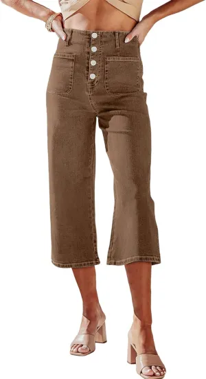 Sidefeel Women's Wide Leg Jeans Zimbaplatinum High Waisted Stretchy Capri Pants Loose Denim Pants