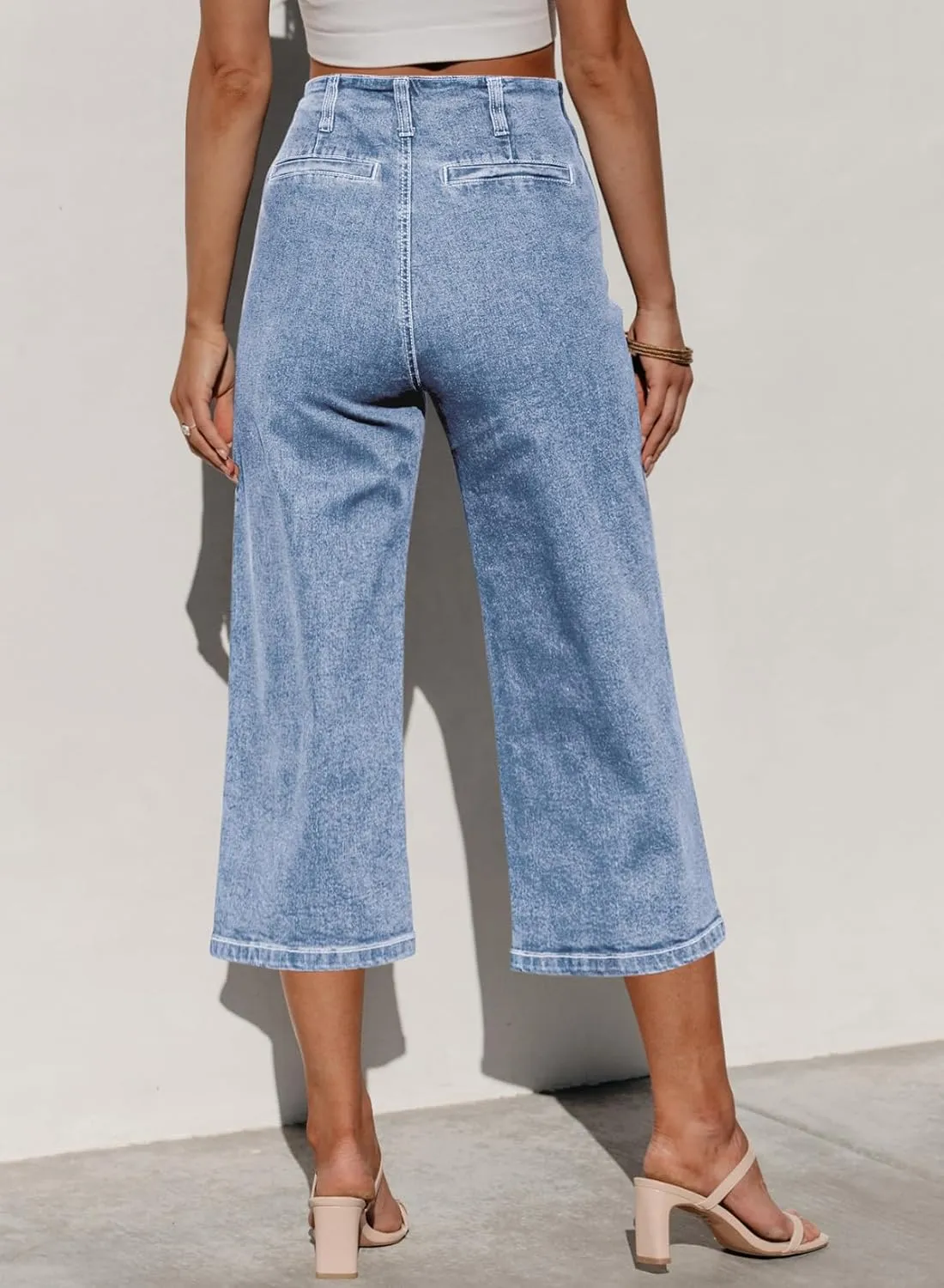 Sidefeel Women's Wide Leg Jeans Zimbaplatinum High Waisted Stretchy Capri Pants Loose Denim Pants