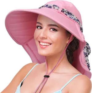Solaris UPF 50  Wide Brim Sun Hat for Women - Small Size Packable Lightweight, Floral Scarf Cooling Hat with Neck Flap for Beach, Gardening, Travel, Hiking & Outdoor Activities
