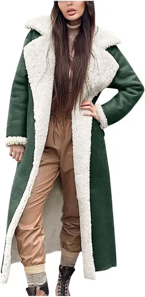 Suede Overcoats Sherpa Lined Womens Winter Coats Trendy Notched Lapel Long Fleece Jacket Warm Slim Fit Furry Outerwear