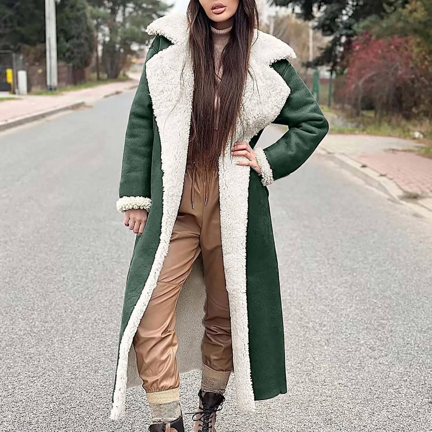 Suede Overcoats Sherpa Lined Womens Winter Coats Trendy Notched Lapel Long Fleece Jacket Warm Slim Fit Furry Outerwear