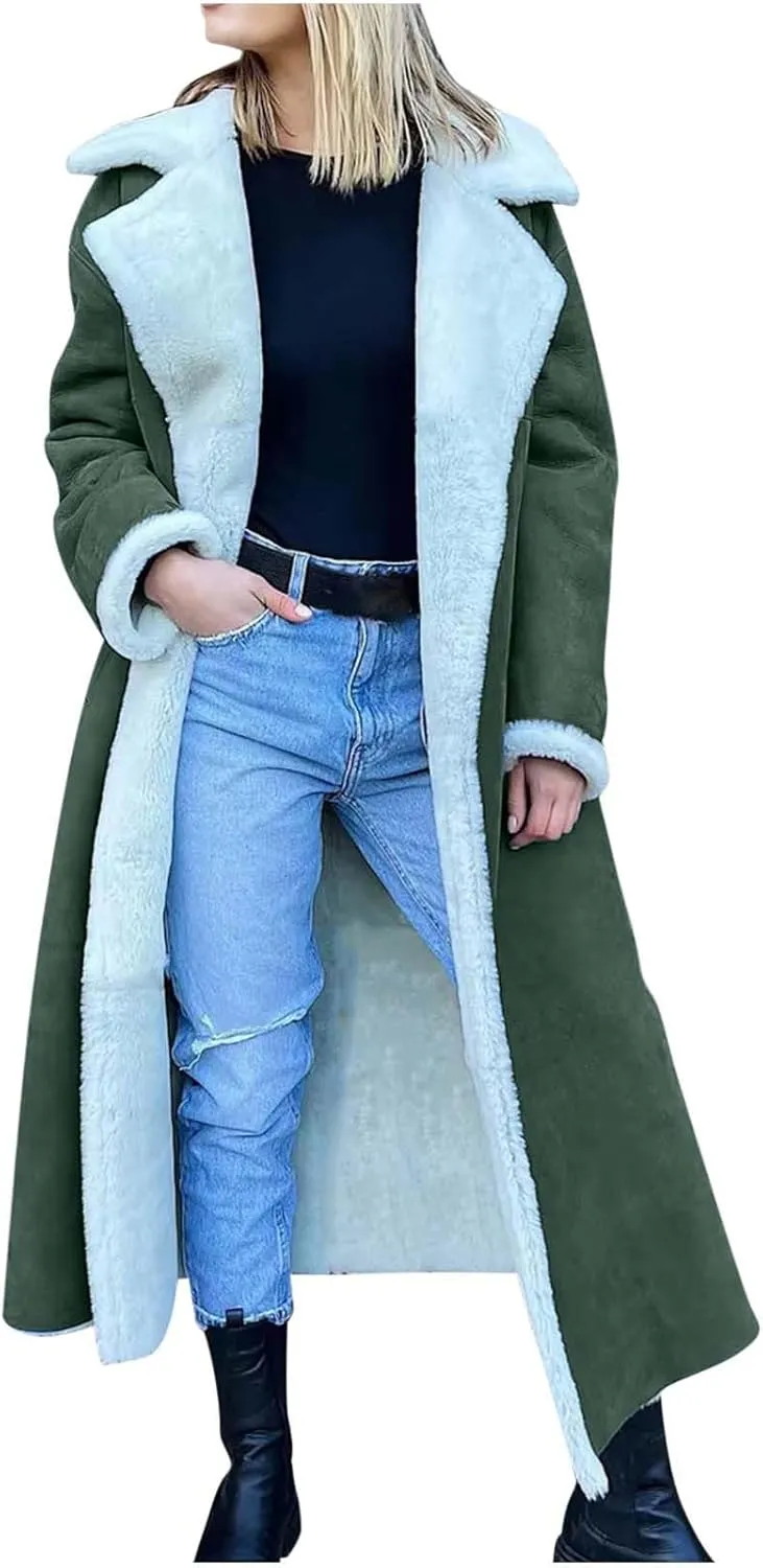 Suede Overcoats Sherpa Lined Womens Winter Coats Trendy Notched Lapel Long Fleece Jacket Warm Slim Fit Furry Outerwear