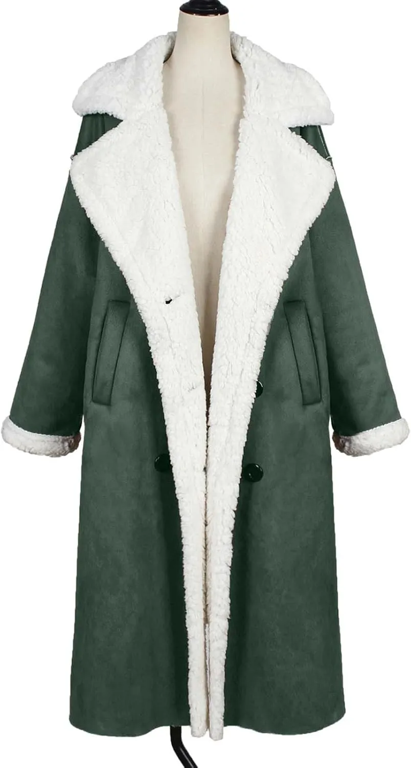 Suede Overcoats Sherpa Lined Womens Winter Coats Trendy Notched Lapel Long Fleece Jacket Warm Slim Fit Furry Outerwear