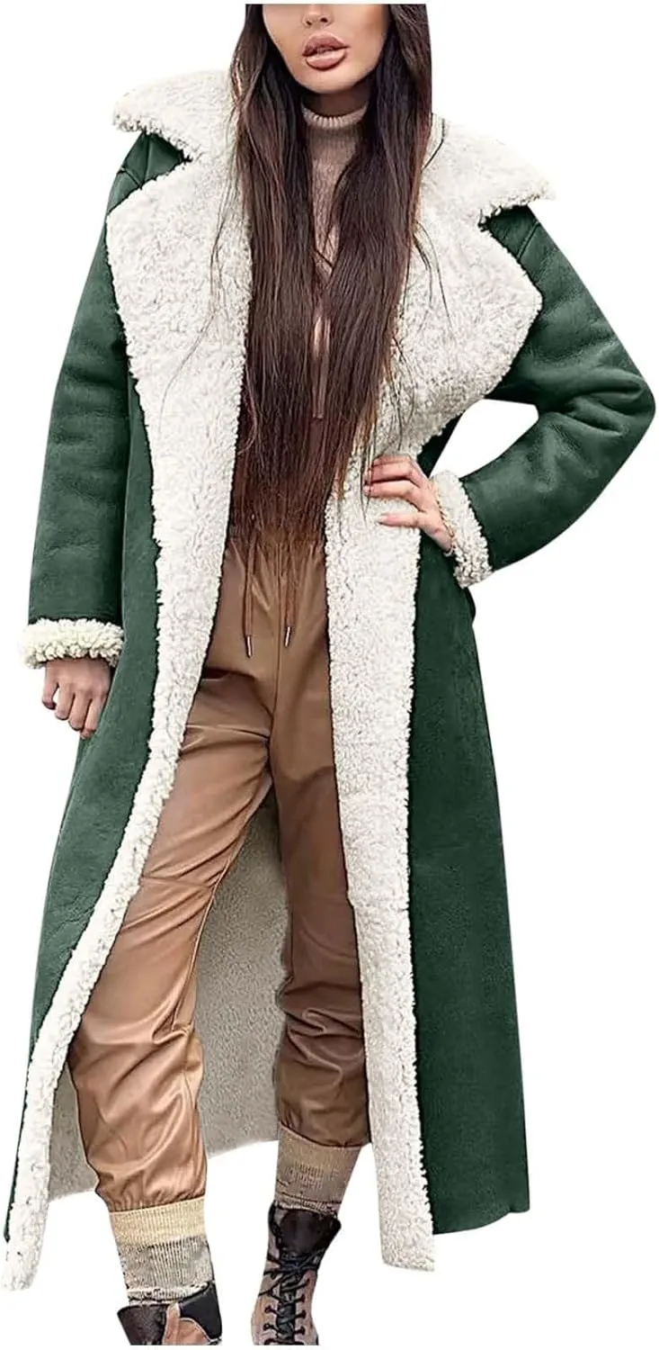 Suede Overcoats Sherpa Lined Womens Winter Coats Trendy Notched Lapel Long Fleece Jacket Warm Slim Fit Furry Outerwear