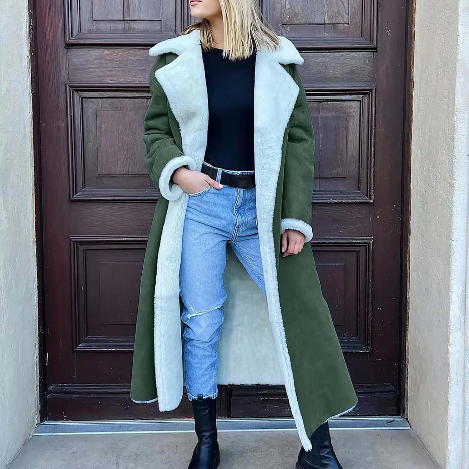 Suede Overcoats Sherpa Lined Womens Winter Coats Trendy Notched Lapel Long Fleece Jacket Warm Slim Fit Furry Outerwear