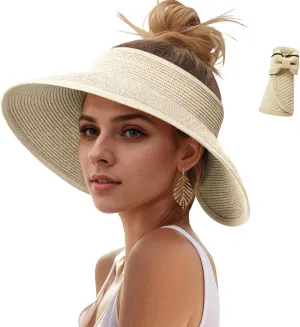 Sun Hats Visor for Women, UV UPF Straw Beach Hat Foldable Wide Brim Ponytail Summer Hats Packable Travel