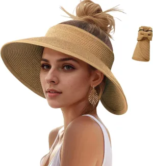 Sun Hats Visor for Women, UV UPF Straw Beach Hat Foldable Wide Brim Ponytail Summer Hats Packable Travel