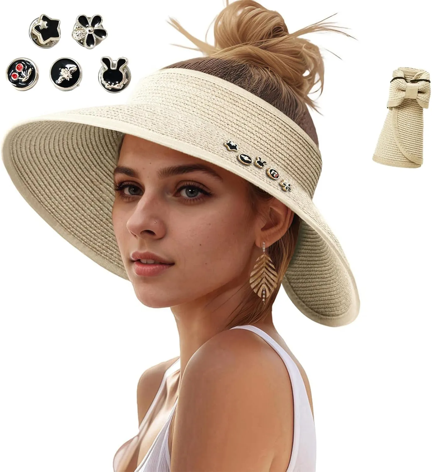 Sun Hats Visor for Women, UV UPF Straw Beach Hat Foldable Wide Brim Ponytail Summer Hats Packable Travel