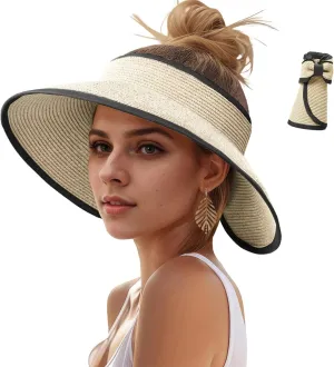 Sun Hats Visor for Women, UV UPF Straw Beach Hat Foldable Wide Brim Ponytail Summer Hats Packable Travel