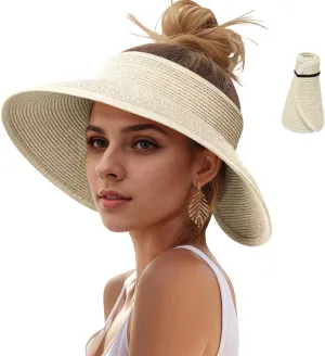 Sun Hats Visor for Women, UV UPF Straw Beach Hat Foldable Wide Brim Ponytail Summer Hats Packable Travel