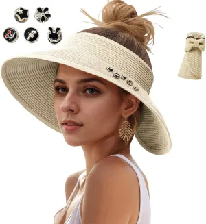 Sun Hats Visor for Women, UV UPF Straw Beach Hat Foldable Wide Brim Ponytail Summer Hats Packable Travel