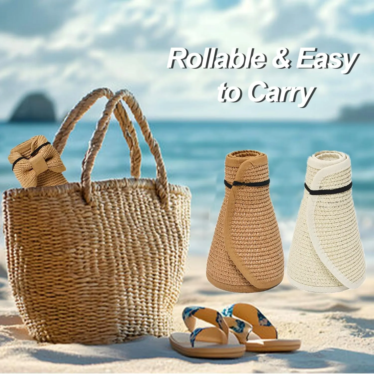 Sun Hats Visor for Women, UV UPF Straw Beach Hat Foldable Wide Brim Ponytail Summer Hats Packable Travel