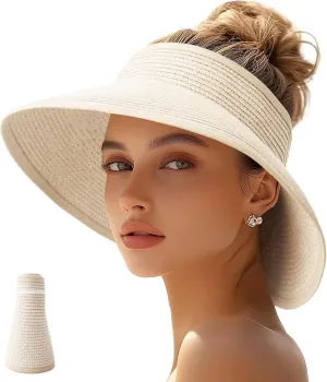 Sun Visor Hats for Women Straw Wide Brim Roll Up Foldable Beach Hat Summer UV Protection Ponytail Hat