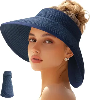 Sun Visor Hats for Women Straw Wide Brim Roll Up Foldable Beach Hat Summer UV Protection Ponytail Hat