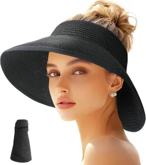 Sun Visor Hats for Women Straw Wide Brim Roll Up Foldable Beach Hat Summer UV Protection Ponytail Hat