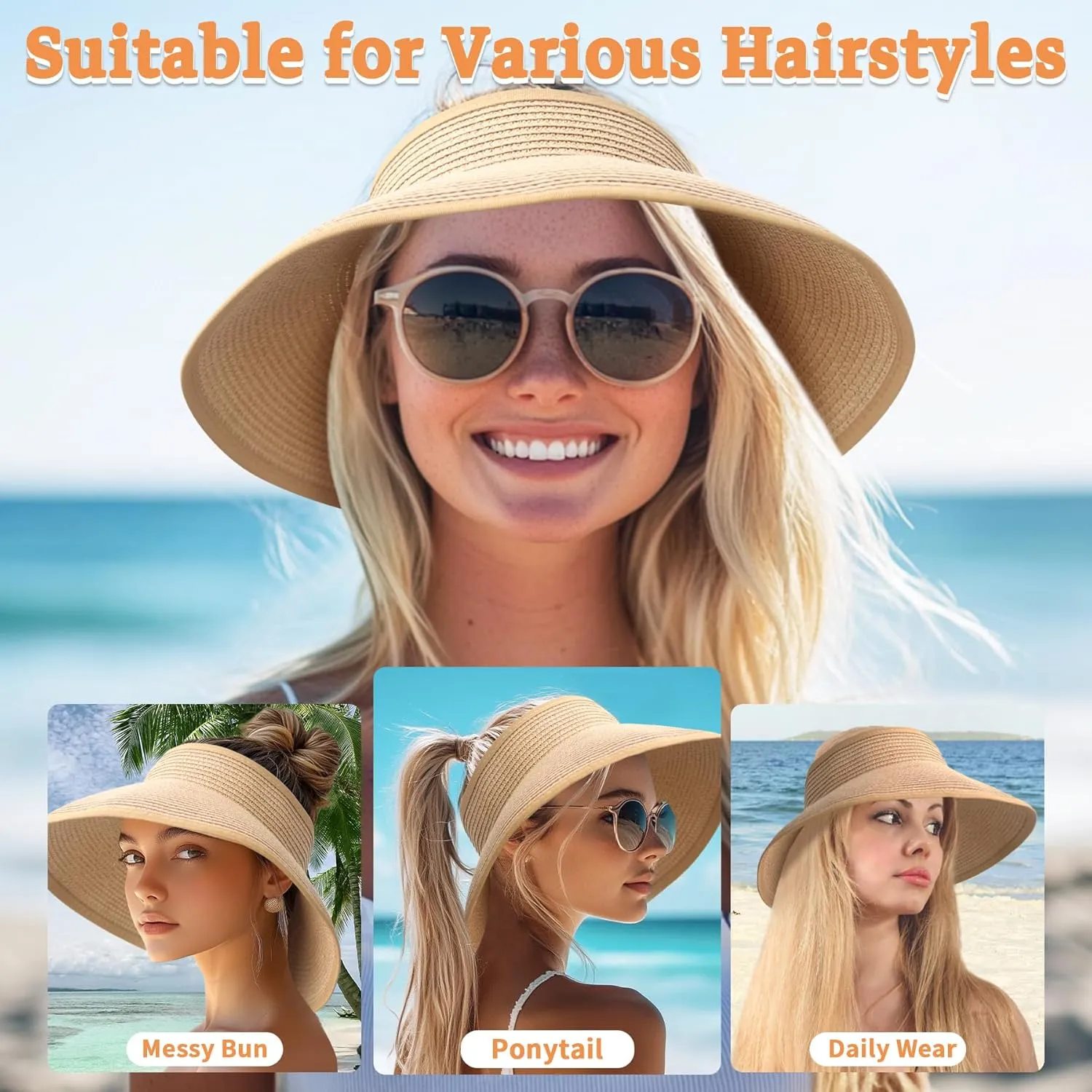 Sun Visor Hats for Women Straw Wide Brim Roll Up Foldable Beach Hat Summer UV Protection Ponytail Hat
