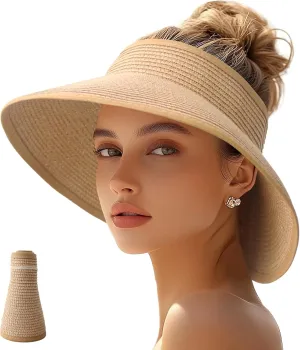 Sun Visor Hats for Women Straw Wide Brim Roll Up Foldable Beach Hat Summer UV Protection Ponytail Hat