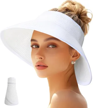 Sun Visor Hats for Women Straw Wide Brim Roll Up Foldable Beach Hat Summer UV Protection Ponytail Hat