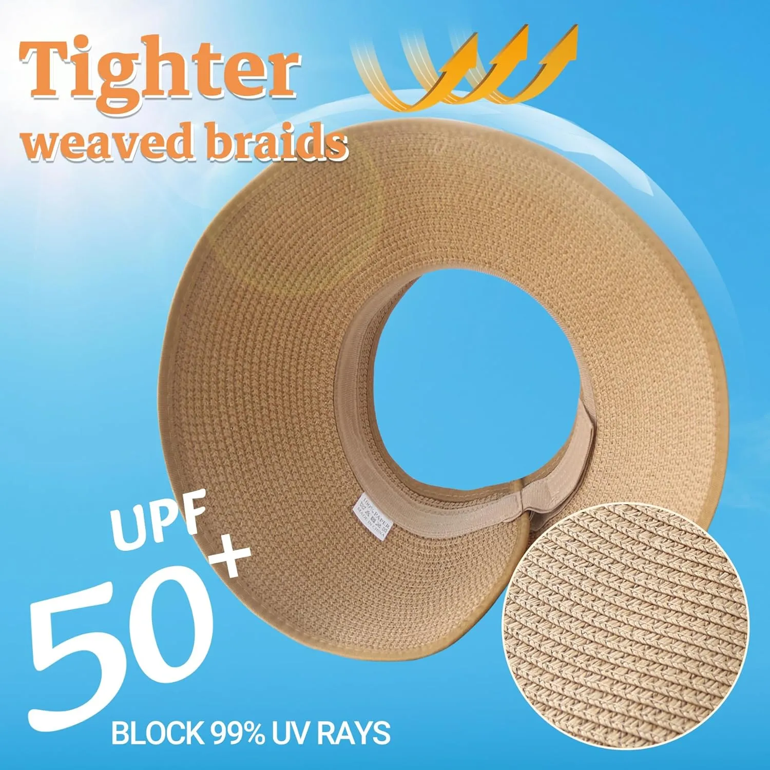 Sun Visor Hats for Women Straw Wide Brim Roll Up Foldable Beach Hat Summer UV Protection Ponytail Hat