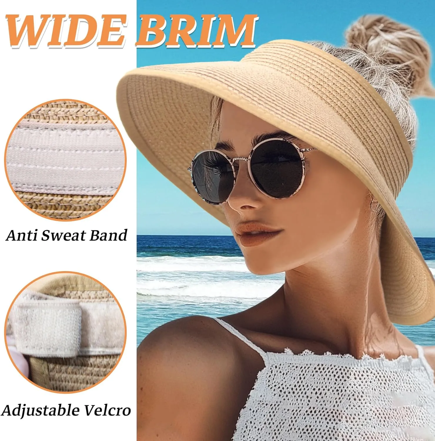 Sun Visor Hats for Women Straw Wide Brim Roll Up Foldable Beach Hat Summer UV Protection Ponytail Hat