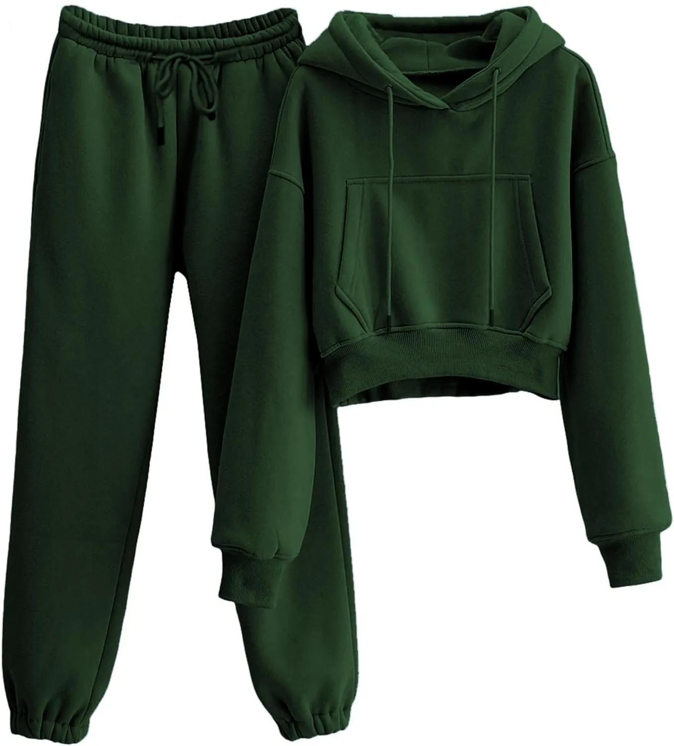 Sweatsuits for Women 2 Piece Set Crop Fleece Lining Hoodies Jogger Sweatpants Sweat Suits(DarkGreen-M)
