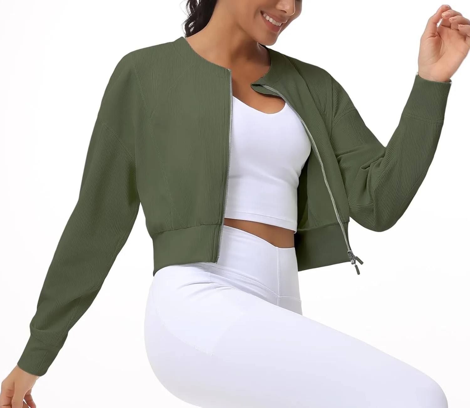 THE GYM PEOPLE Women's Cropped Jackets Full Zip Long Sleeve Ribbed Workout Sweatshirts Lightweight Casual Tops