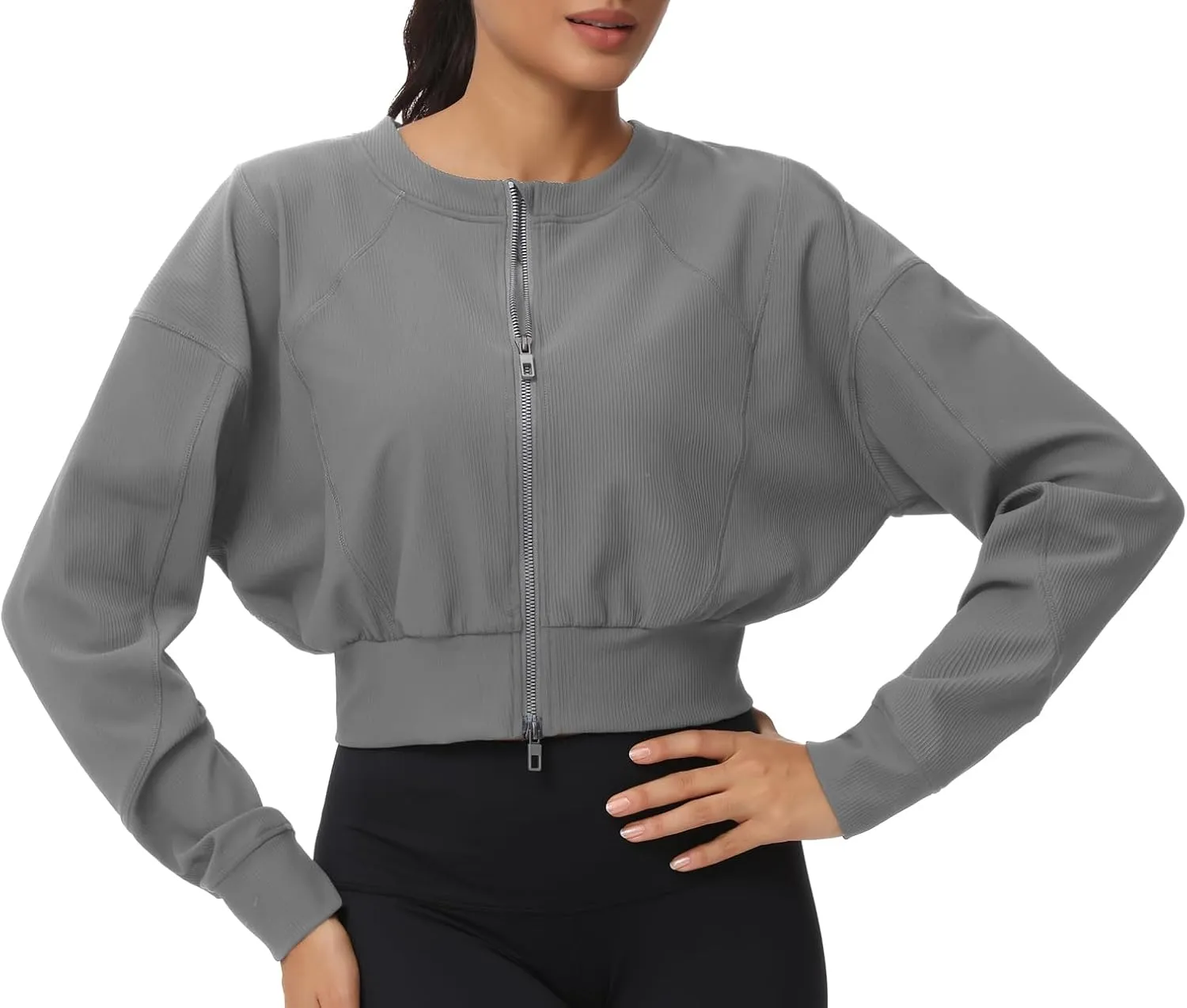 THE GYM PEOPLE Women's Cropped Jackets Full Zip Long Sleeve Ribbed Workout Sweatshirts Lightweight Casual Tops