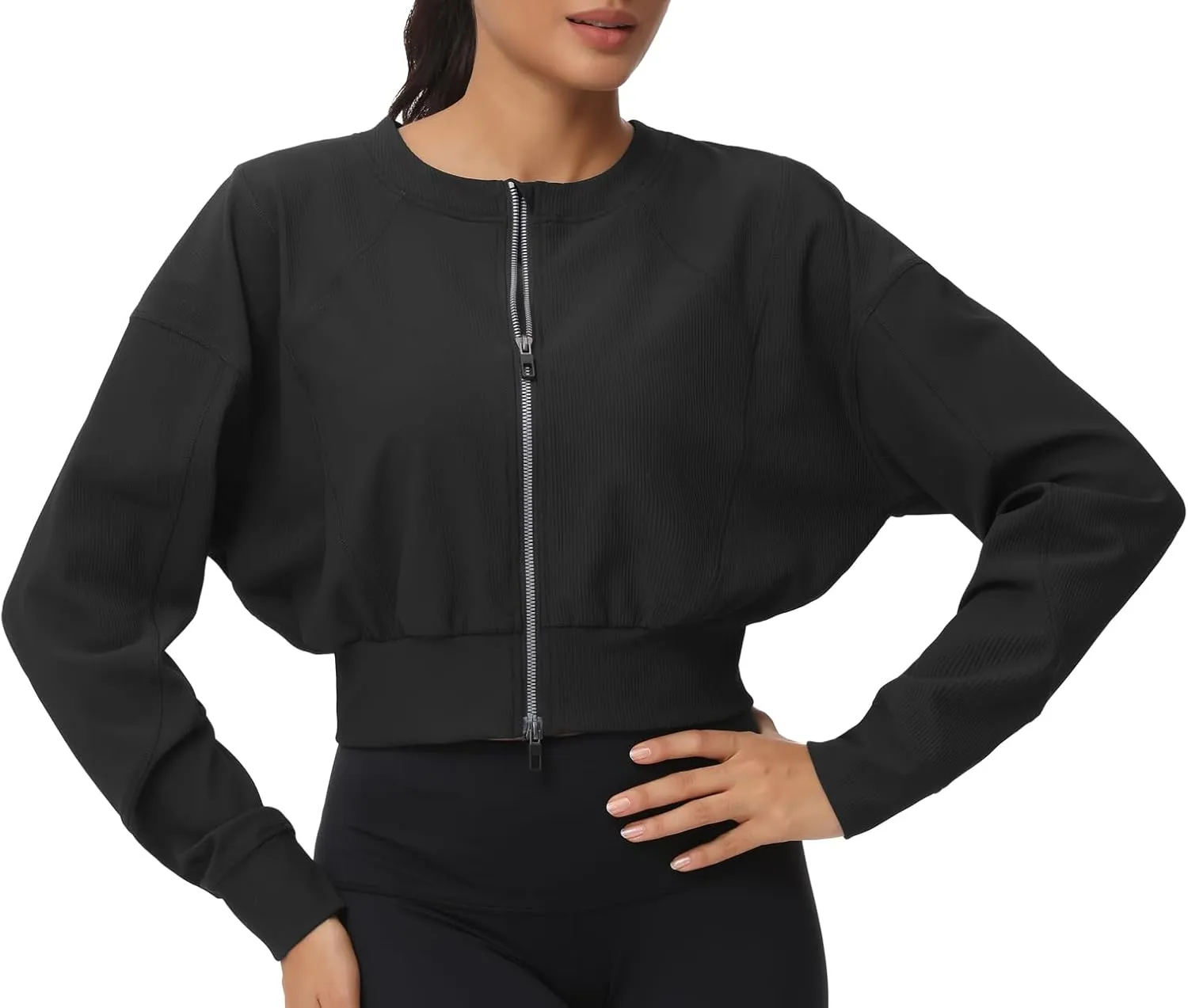 THE GYM PEOPLE Women's Cropped Jackets Full Zip Long Sleeve Ribbed Workout Sweatshirts Lightweight Casual Tops
