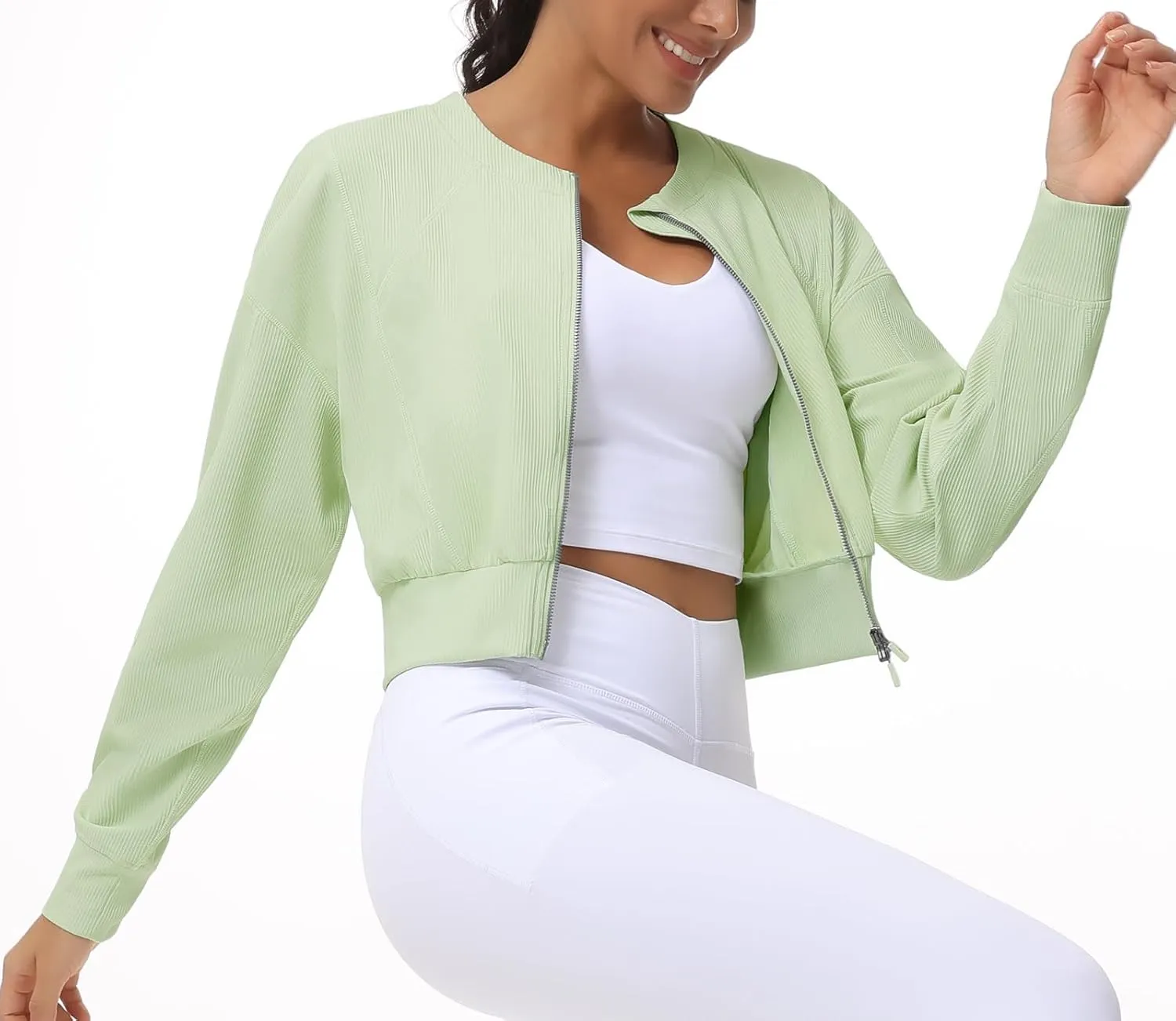 THE GYM PEOPLE Women's Cropped Jackets Full Zip Long Sleeve Ribbed Workout Sweatshirts Lightweight Casual Tops