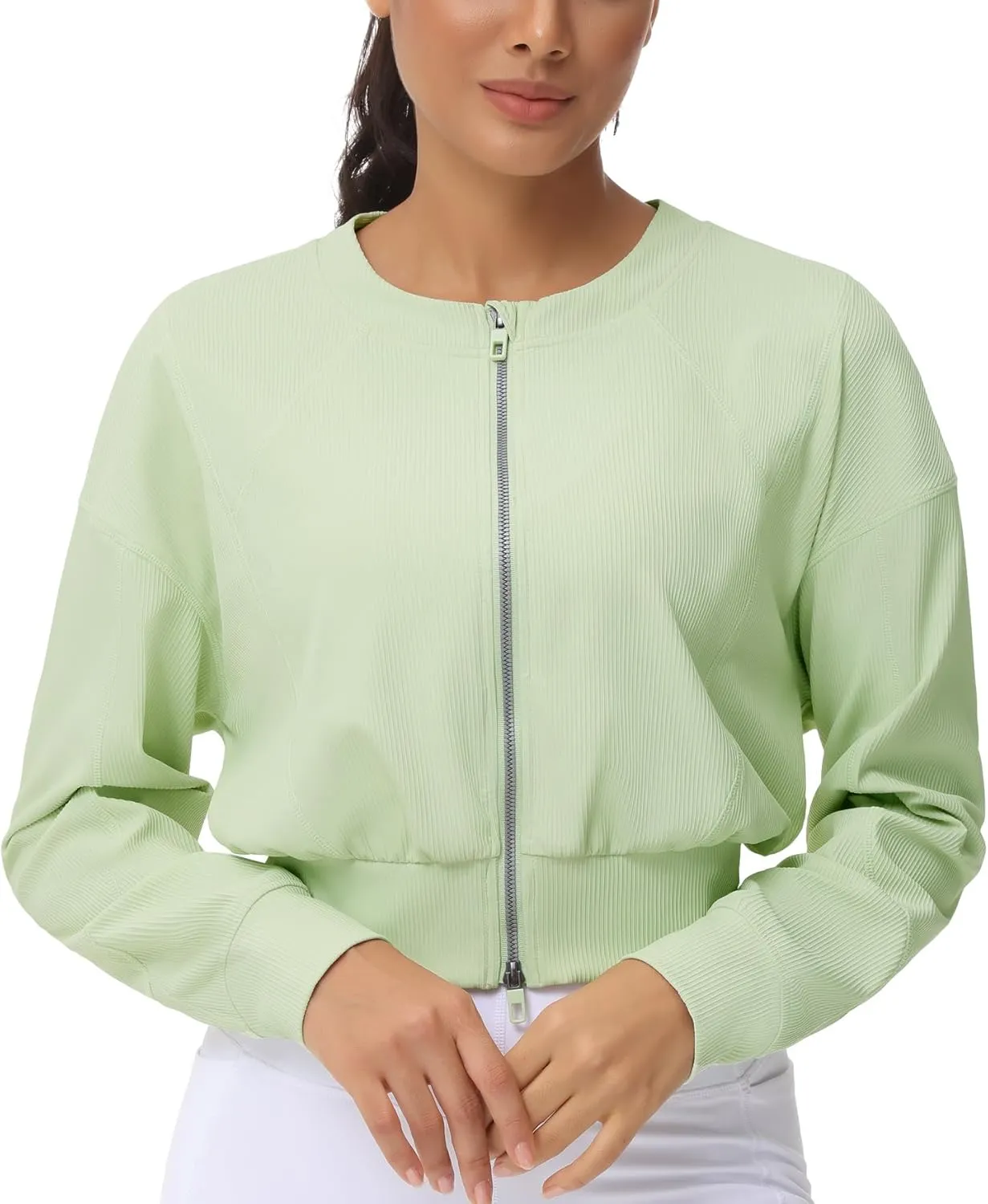 THE GYM PEOPLE Women's Cropped Jackets Full Zip Long Sleeve Ribbed Workout Sweatshirts Lightweight Casual Tops