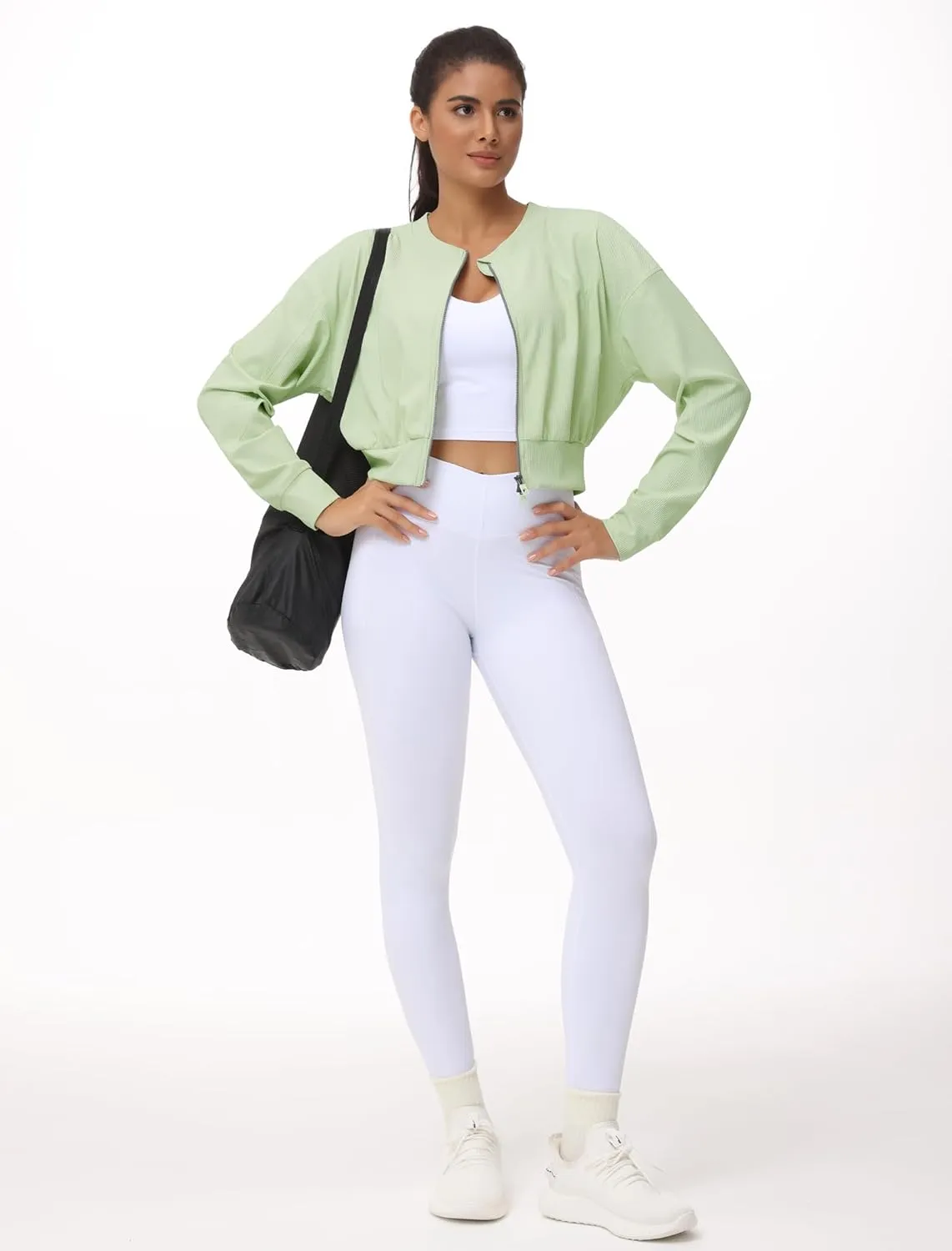 THE GYM PEOPLE Women's Cropped Jackets Full Zip Long Sleeve Ribbed Workout Sweatshirts Lightweight Casual Tops