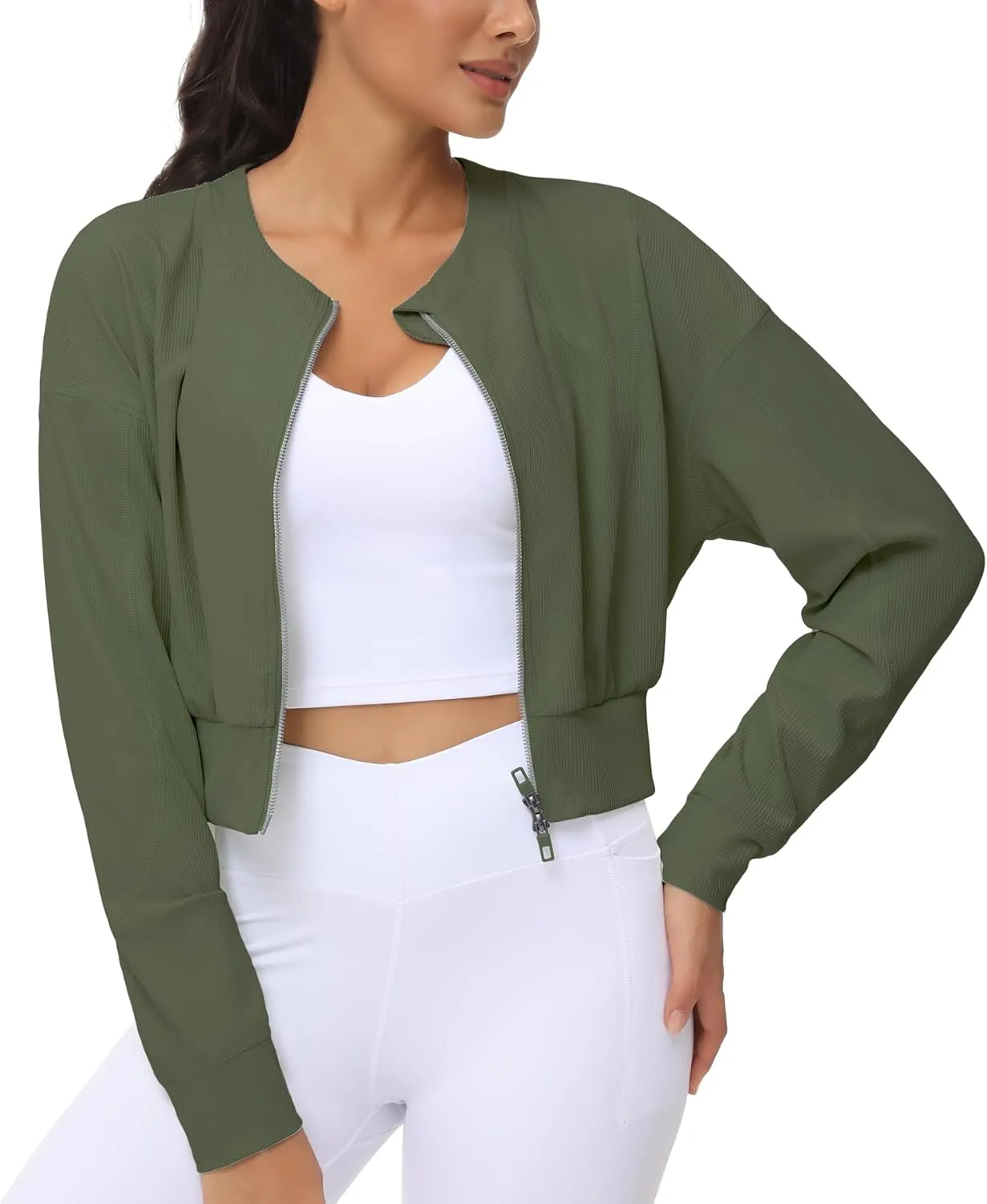 THE GYM PEOPLE Women's Cropped Jackets Full Zip Long Sleeve Ribbed Workout Sweatshirts Lightweight Casual Tops