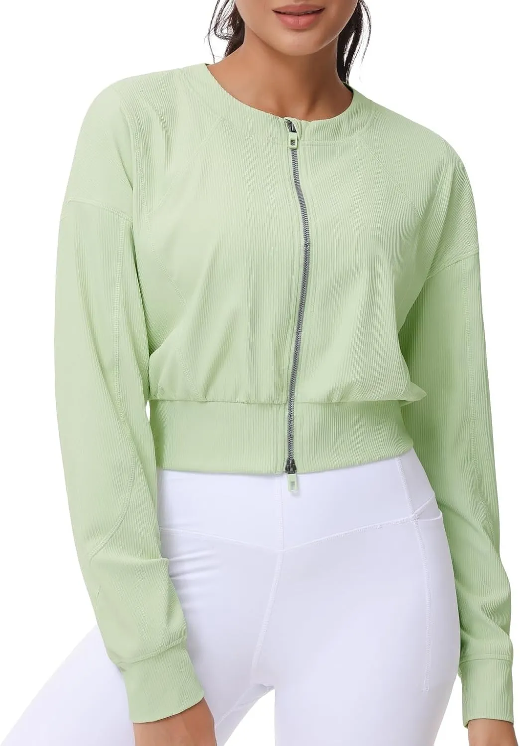 THE GYM PEOPLE Women's Cropped Jackets Full Zip Long Sleeve Ribbed Workout Sweatshirts Lightweight Casual Tops