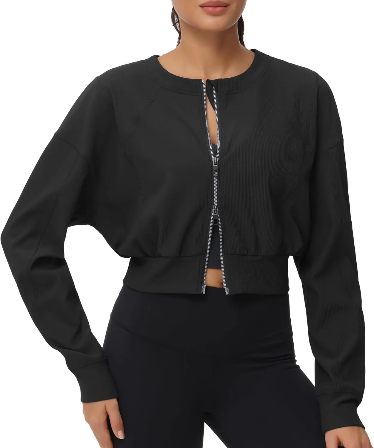 THE GYM PEOPLE Women's Cropped Jackets Full Zip Long Sleeve Ribbed Workout Sweatshirts Lightweight Casual Tops