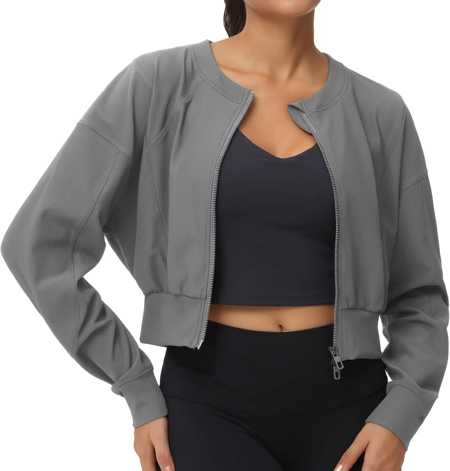 THE GYM PEOPLE Women's Cropped Jackets Full Zip Long Sleeve Ribbed Workout Sweatshirts Lightweight Casual Tops