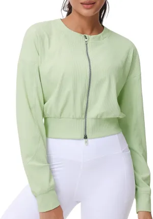 THE GYM PEOPLE Women's Cropped Jackets Full Zip Long Sleeve Ribbed Workout Sweatshirts Lightweight Casual Tops