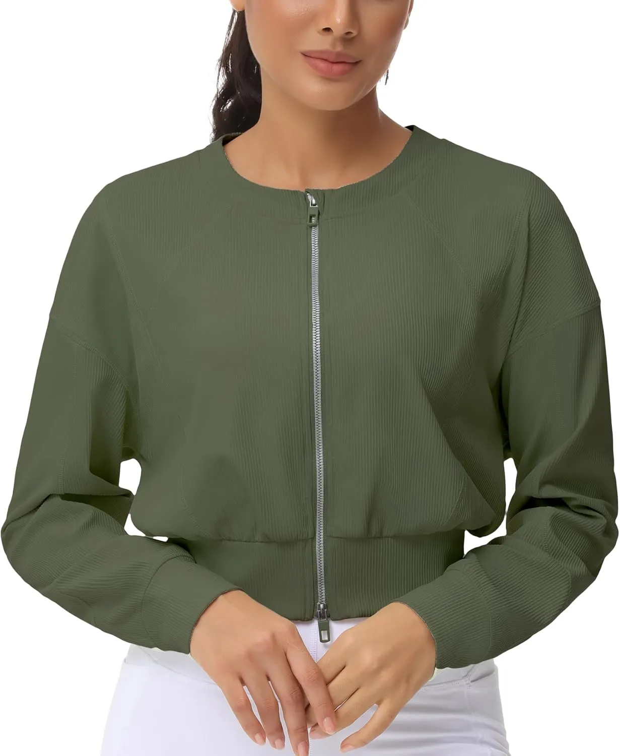THE GYM PEOPLE Women's Cropped Jackets Full Zip Long Sleeve Ribbed Workout Sweatshirts Lightweight Casual Tops