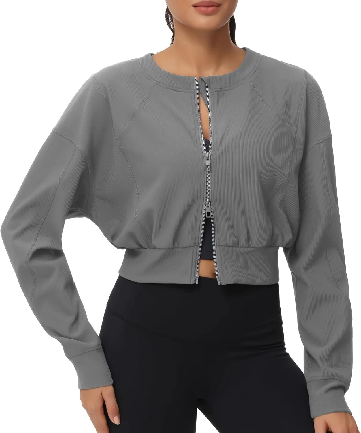 THE GYM PEOPLE Women's Cropped Jackets Full Zip Long Sleeve Ribbed Workout Sweatshirts Lightweight Casual Tops
