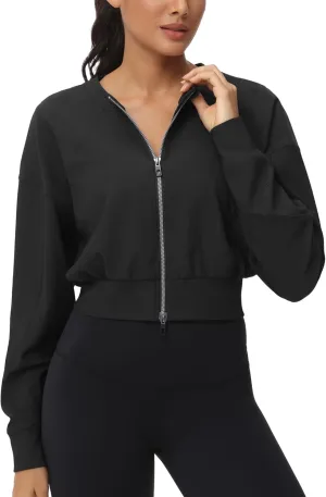 THE GYM PEOPLE Women's Cropped Jackets Full Zip Long Sleeve Ribbed Workout Sweatshirts Lightweight Casual Tops
