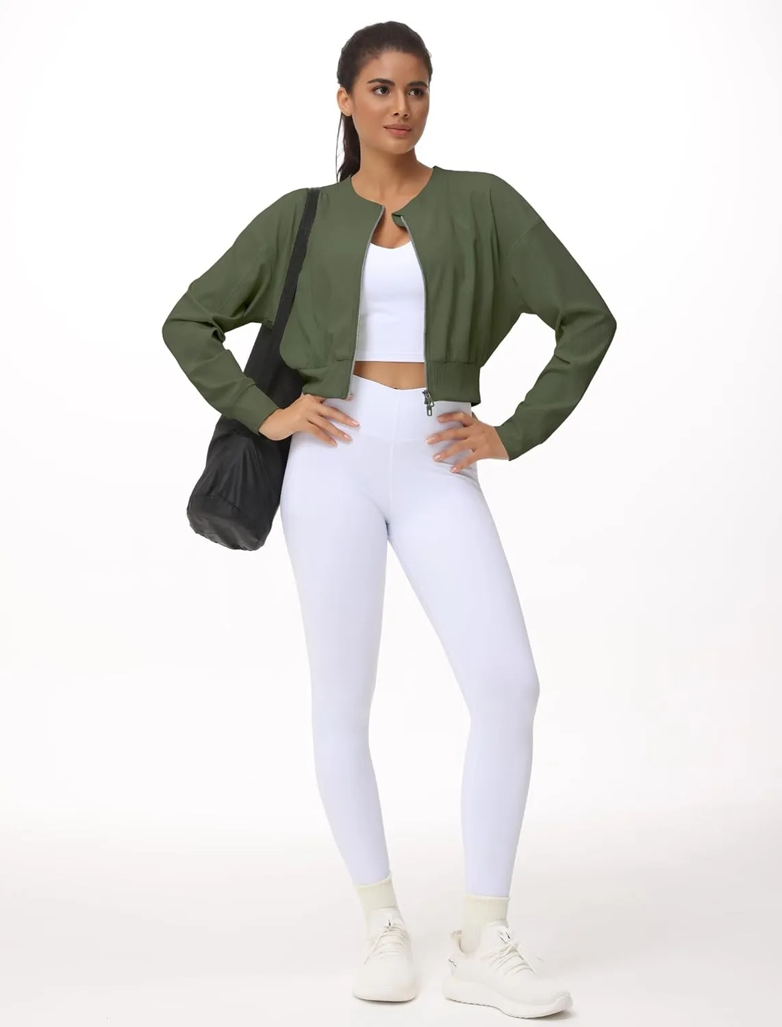 THE GYM PEOPLE Women's Cropped Jackets Full Zip Long Sleeve Ribbed Workout Sweatshirts Lightweight Casual Tops