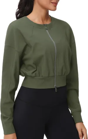 THE GYM PEOPLE Women's Cropped Jackets Full Zip Long Sleeve Ribbed Workout Sweatshirts Lightweight Casual Tops