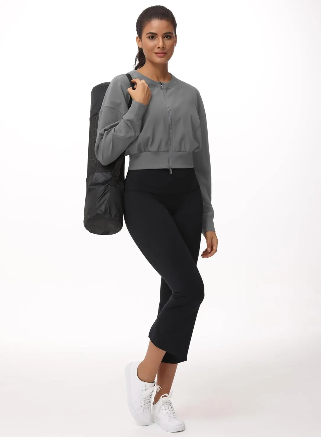 THE GYM PEOPLE Women's Cropped Jackets Full Zip Long Sleeve Ribbed Workout Sweatshirts Lightweight Casual Tops