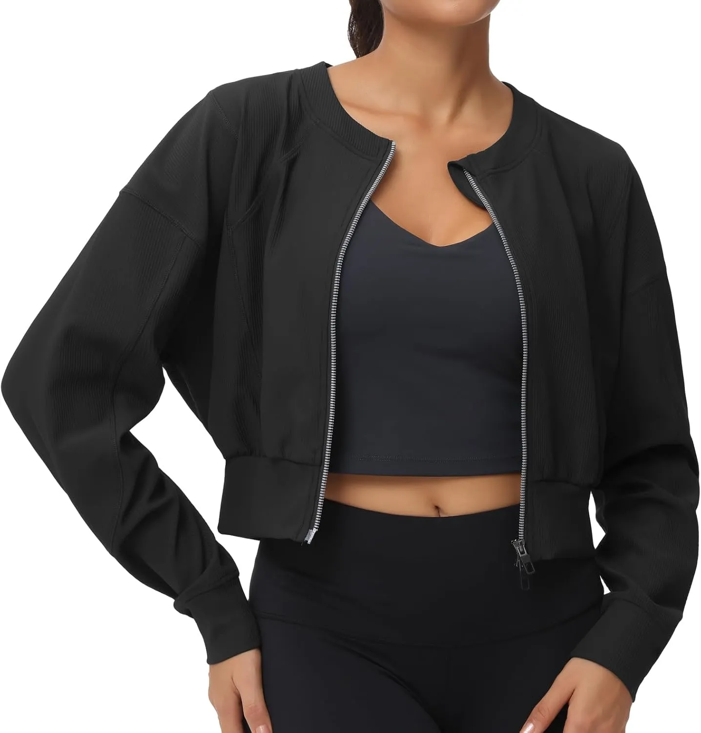 THE GYM PEOPLE Women's Cropped Jackets Full Zip Long Sleeve Ribbed Workout Sweatshirts Lightweight Casual Tops