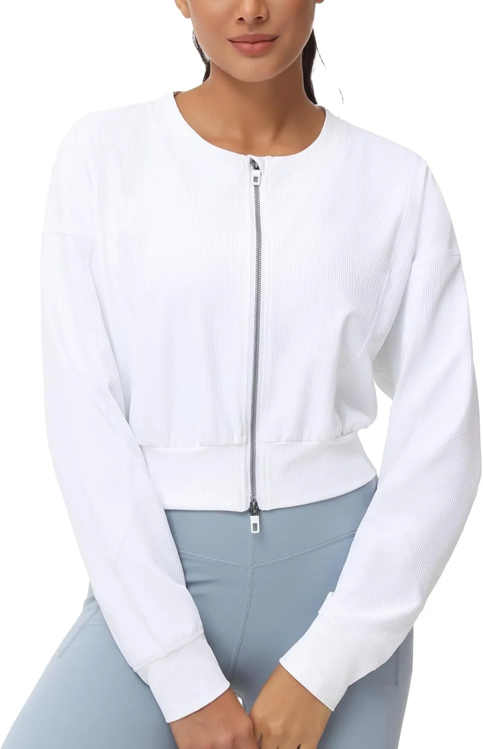 THE GYM PEOPLE Women's Cropped Jackets Full Zip Long Sleeve Ribbed Workout Sweatshirts Lightweight Casual Tops
