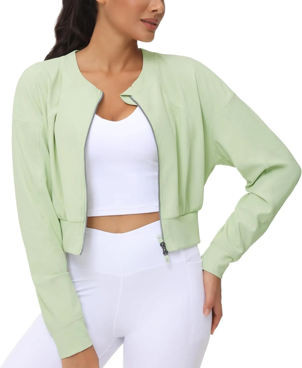 THE GYM PEOPLE Women's Cropped Jackets Full Zip Long Sleeve Ribbed Workout Sweatshirts Lightweight Casual Tops