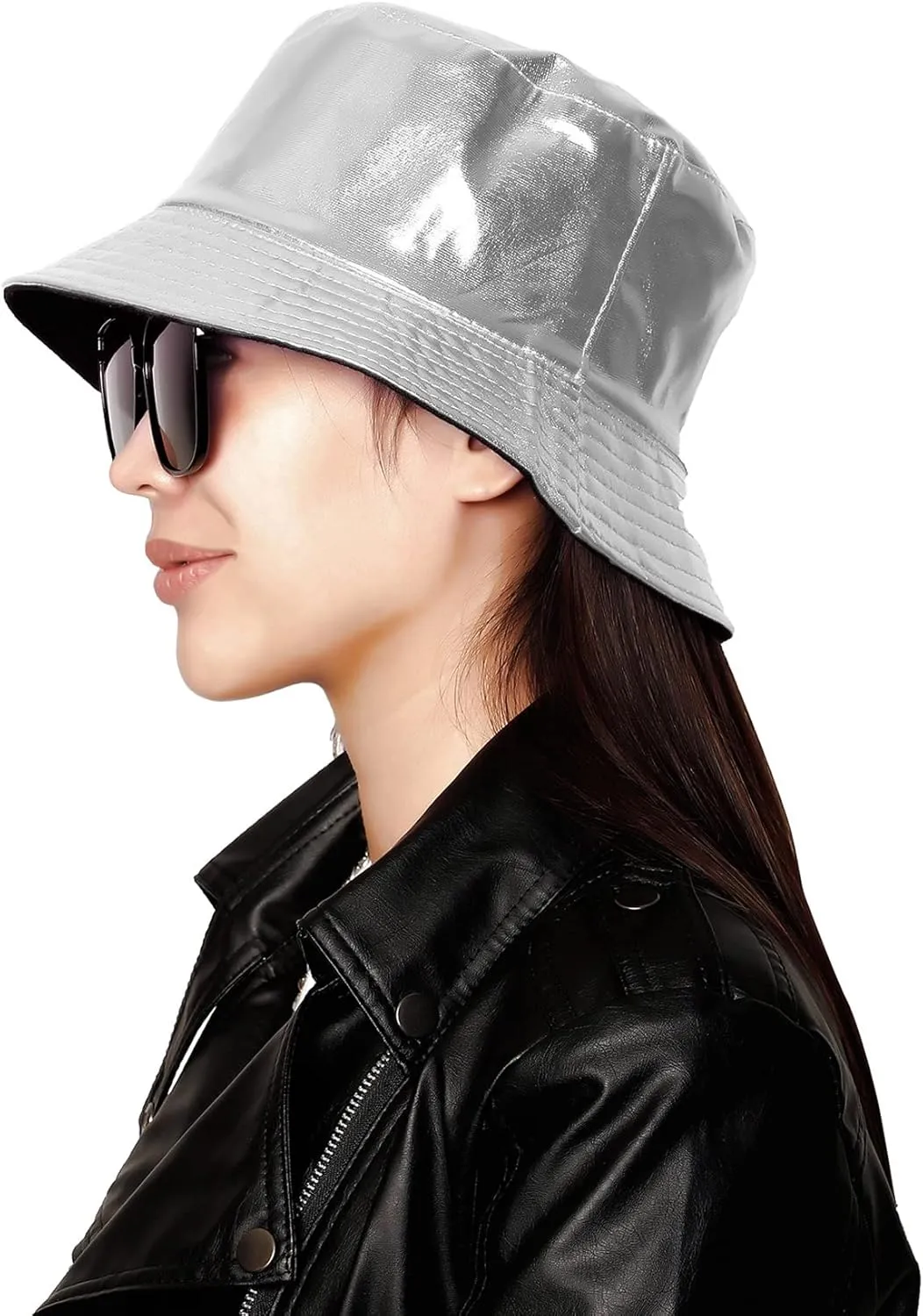 Unisex Metallic Bucket Hat Waterproof Holographic Bucket Hat Fishing Hat Trendy Hip Pop Sun Cap