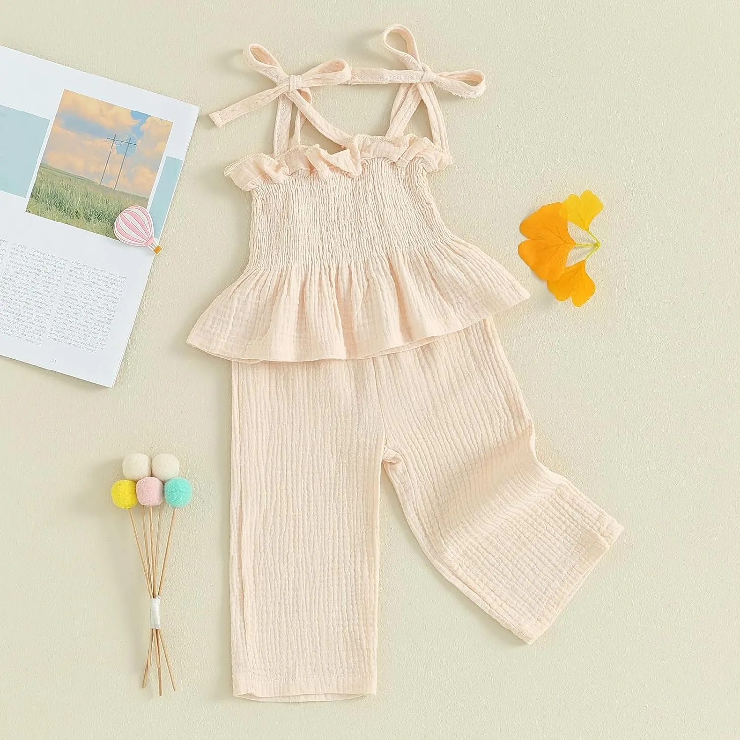 VISGOGO Infant Baby Toddler Girls Clothes Solid Color Sleeveless Camisole Linen Pants Set Baby Summer Outfits