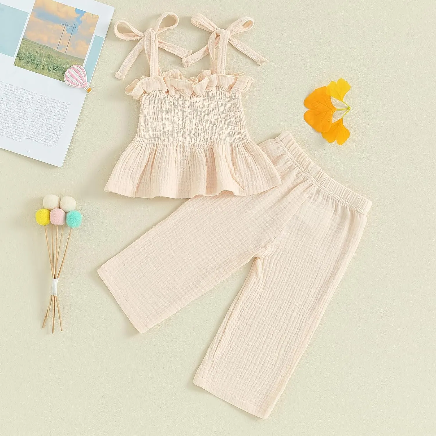 VISGOGO Infant Baby Toddler Girls Clothes Solid Color Sleeveless Camisole Linen Pants Set Baby Summer Outfits