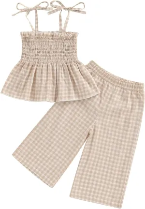 VISGOGO Infant Baby Toddler Girls Clothes Solid Color Sleeveless Camisole Linen Pants Set Baby Summer Outfits