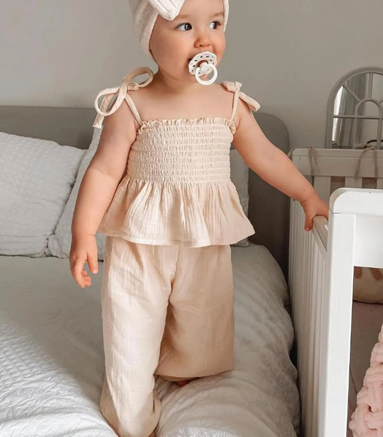 VISGOGO Infant Baby Toddler Girls Clothes Solid Color Sleeveless Camisole Linen Pants Set Baby Summer Outfits